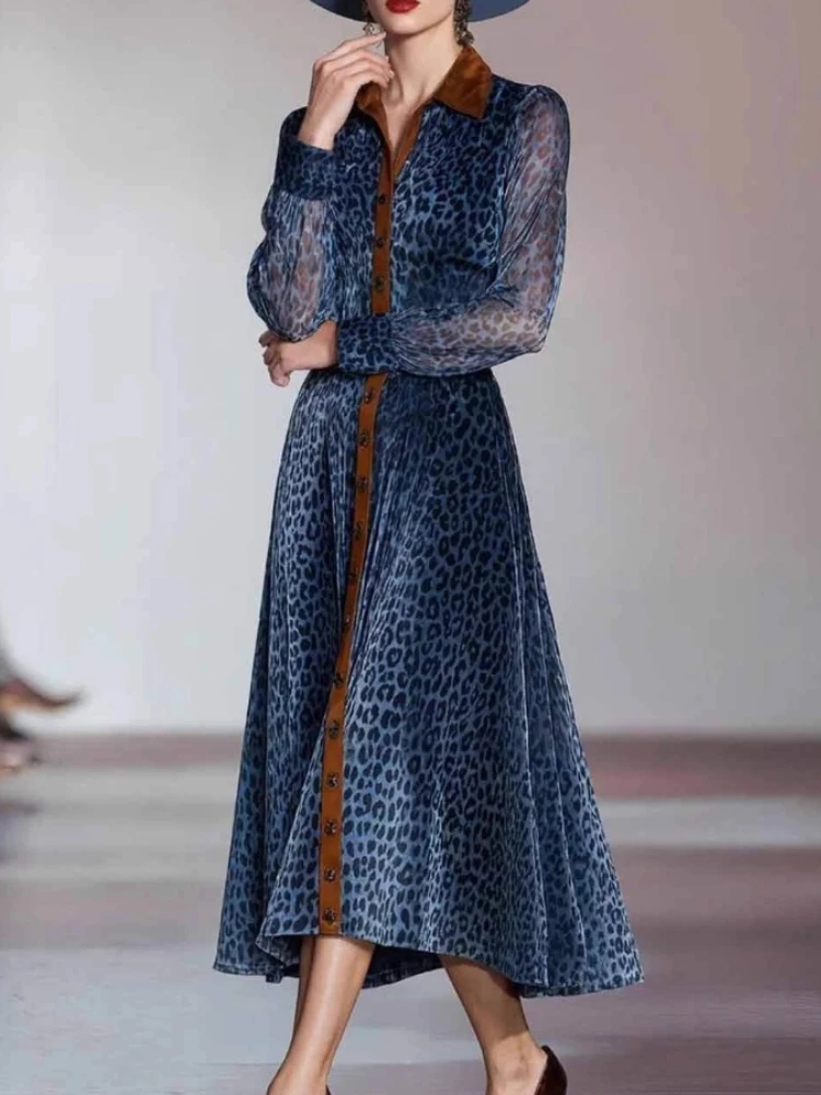 فساتين امرأة أنيقة الرجعية ترتيب الأسرة طوق ليوبارد طباعة فستان طويل الخريف واحدة الصدر طويلة الأكمام فستان رعاة البقر الغربية