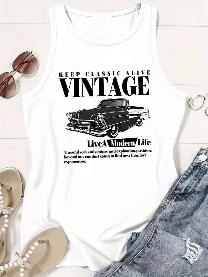 Tank Top Vintage Car Graphic Retro Design T-shirt Printed Vest Print Women’s Sleeveless Crew Neck Casual Top