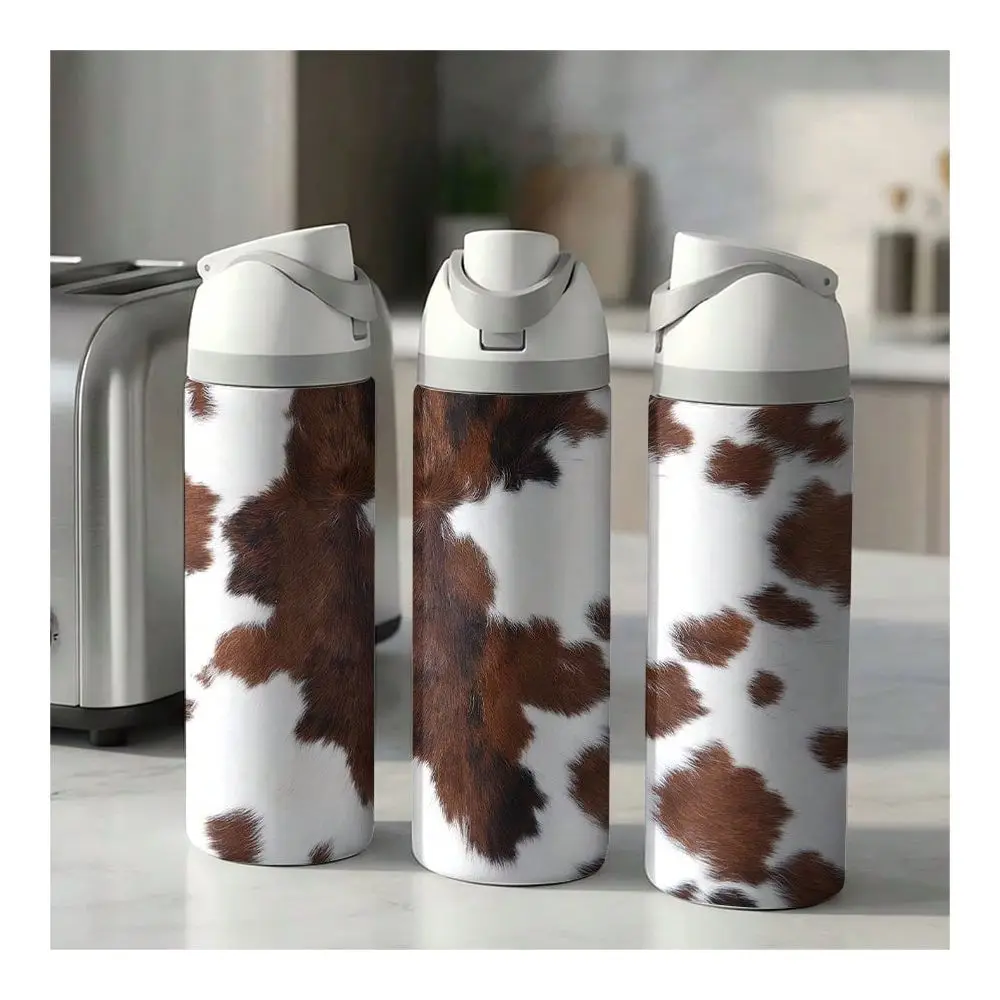 1 Pc 24oz Insulated Stainless Steel Water Bottle, Realistic Brown And White Cowhide Print, Western Rustic Style Animal Skin Pattern For Ranchers And Farmers, Aesthetic Cowboy Gear For Valentines Day Gifts.