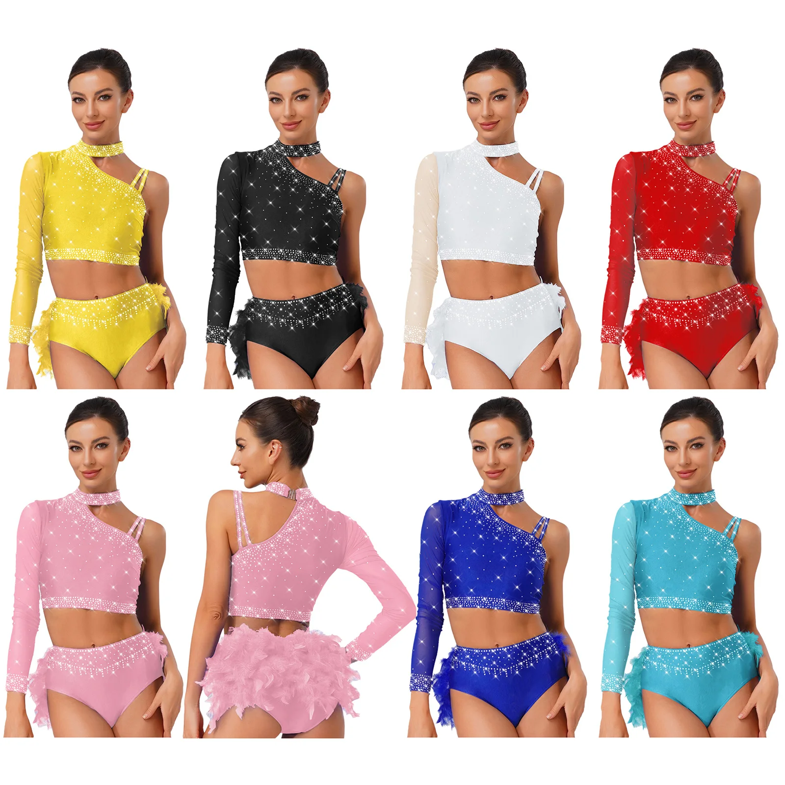 Damen Jazz Tango Latin Bauchtanz Cropped Tops Strass Single Langarm Asymmetrisches Top für moderne Dancewear Performance