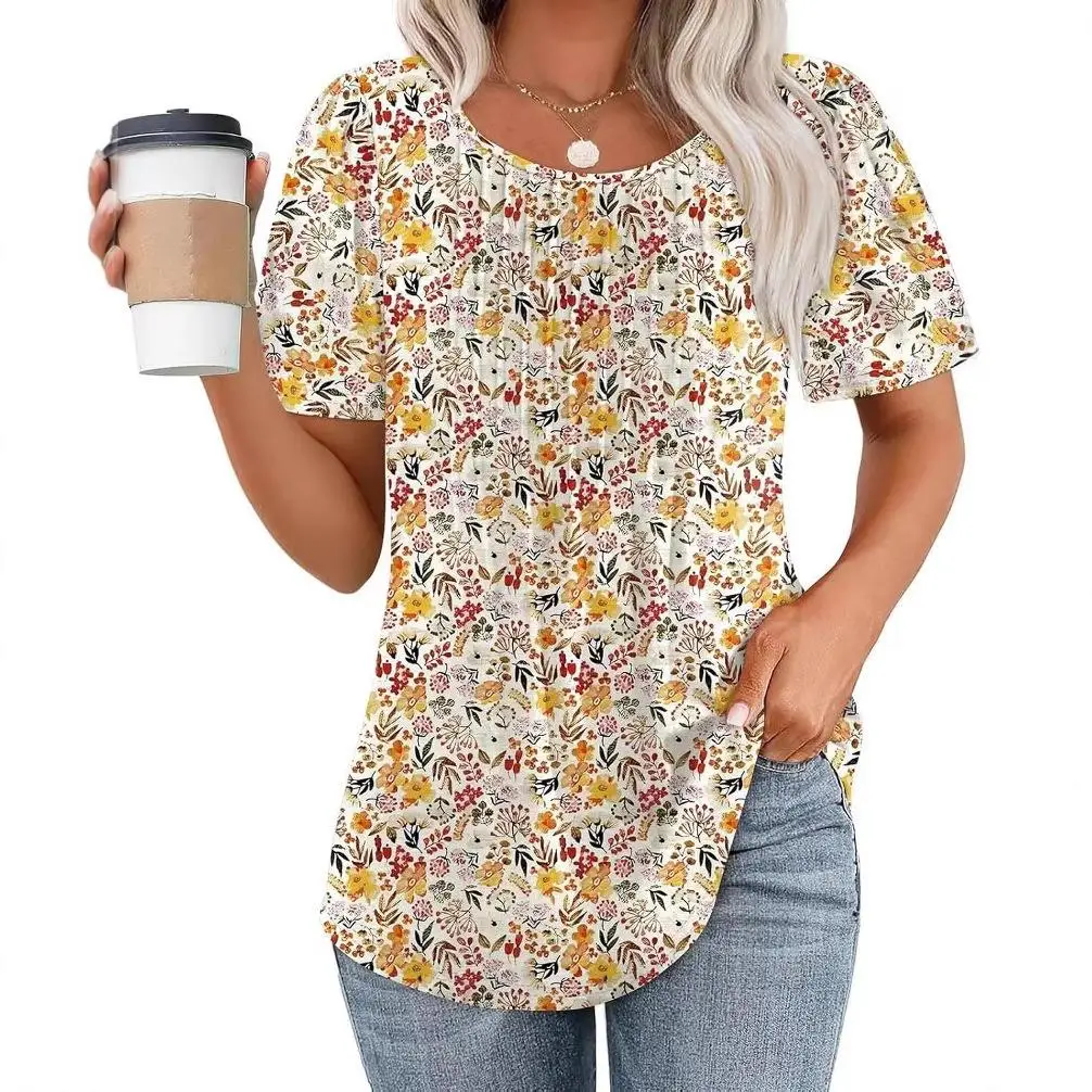 المرأة مطوي ort Sve تي شيرت مطبوع لطيف Sle البوليستر دنة مزيج ort Sve النبات الأزهار تي شيرت مطبوع