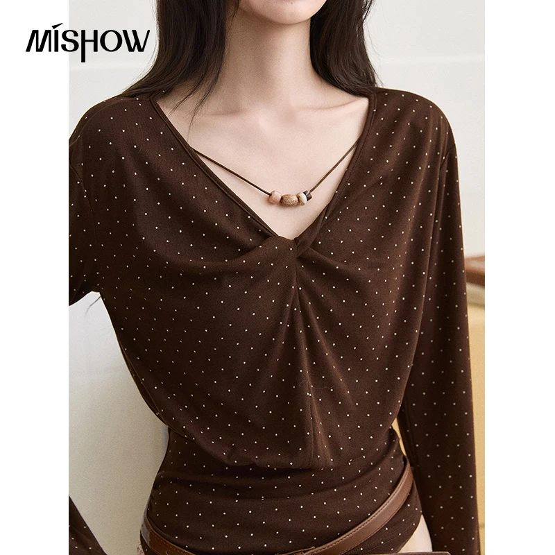 MISHOW Women's Retro Polka Dot Twist Front Knit T‑Shirt 2026 Autumn Beading V-neck Slim Waist Long Sleeve Fashion Top MXF45T3200