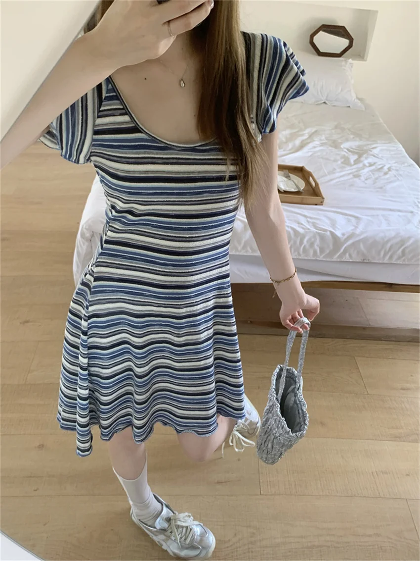 

Alien Kitty Close Waist Summer Mini Dress Chic Women Knitted Short Sleeve 2023 New Soft Casual Stripes All Match Slim Lady