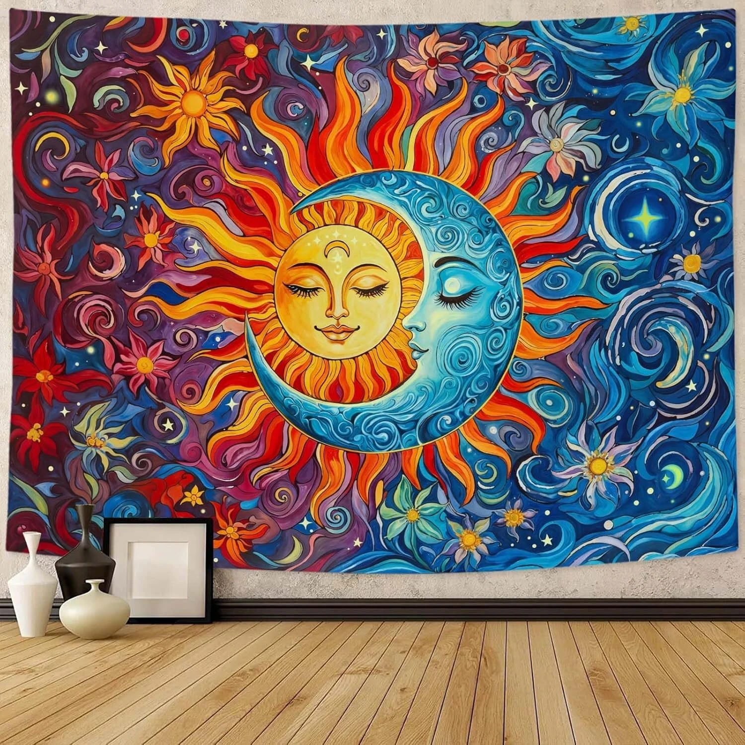 VIKAMA Sonne-Mond-Kuss Wandteppich Himmlischer Blumen-Wandbehang für Schlafzimmer Wohnzimmer Studentenwohnheim Spirituelle Heimdekoration