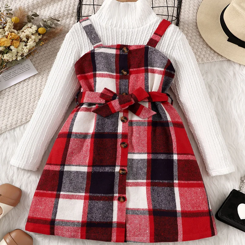 

Two Piece Set For Winter Girls Cute And Warm High Necked Long Sleeved Plaid Dress Princess Daily Leisure Birthday Party Dress