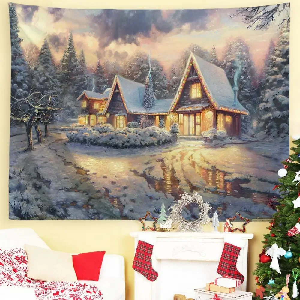 Merry Christmas Tapestries Wall Hanging Winter Rural Town Chalet Night Oil Painting Xmas Decor For Bedroom Dorm Blanket Curtain