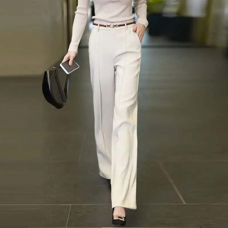 

Korean Office Lady Summer Solid Women's Pocket High Waist Sashes Suit Pants Edition Casual Wide Leg Trousers Straight Pants