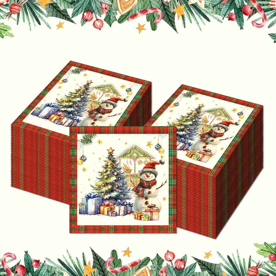 20Pcs Watercolor Christmas Disposable Paper Napkins Snowman Tree Gift Tartan Plaid Pattern Xmas Winter Dinner Table Decor