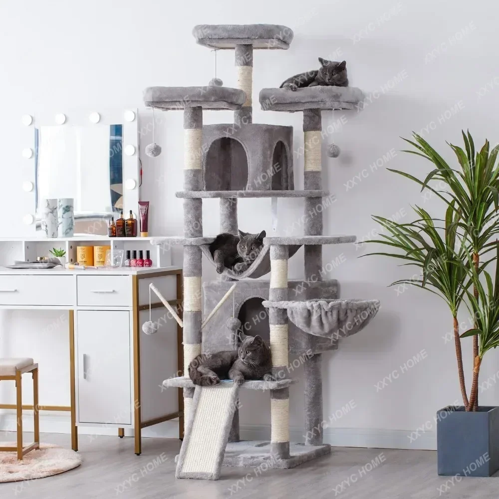 Indoor Cat Tower, Multi Story Cat House With 3 Soft Cushioned Habitats, 2 Pet Apartments And Grab Pillars, Cat Pillars