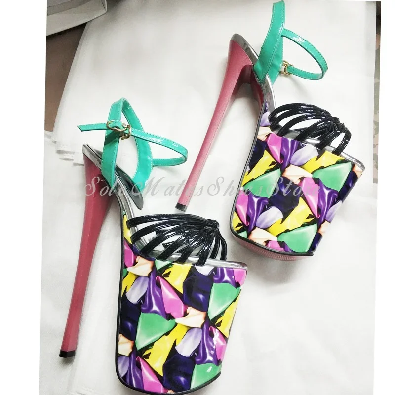 Hot Chick Mixed Colors Platform Women's Sandals Super High Heel Thick Bottom Buckle Pole Dance Shoes 22cm Colorful Modern Pumps