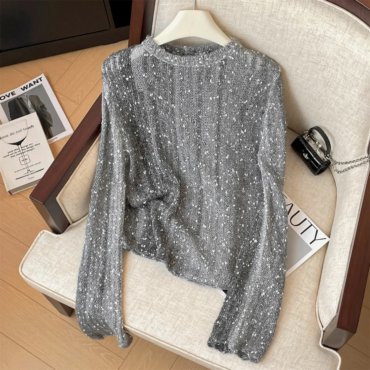 

Women's Gold Sequin Sheer Knit Sweater, Crew Neck Long Sleeve Mesh Top, Elegant Party Blouse