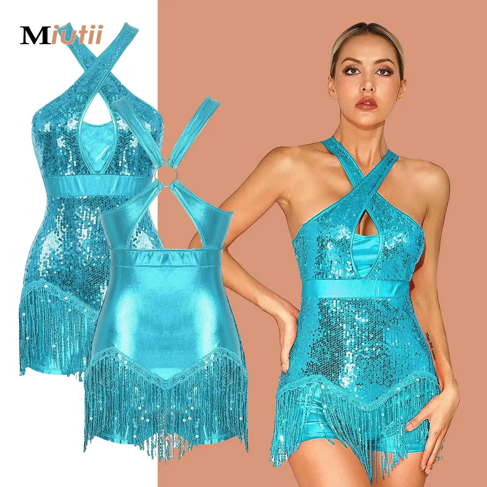 

Women Glittery Sequins Tassel Dance Leotard Latin Cha-Cha Competition Performance Costume Cross Front Fringed Bodysuit Dancewear