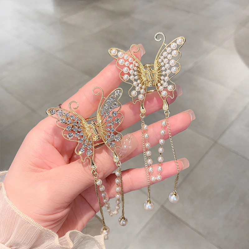 Retro Hollow Butterfly Tassel Hairpin Korean Girl Rhinestone Ponytail Hair Claw Elegant Pearl Hair Accessories For Women