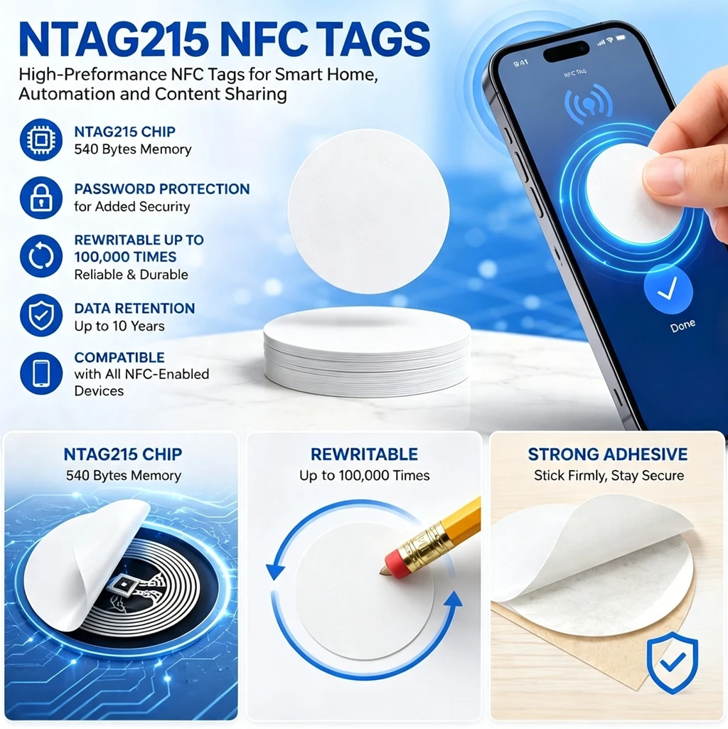 10 PCS 25mm Round NTAG215 NFC Stickers, 504 Bytes Rewritable NFC Tags NFC Tokens for Smart Home Automation, Phone NFC Automation