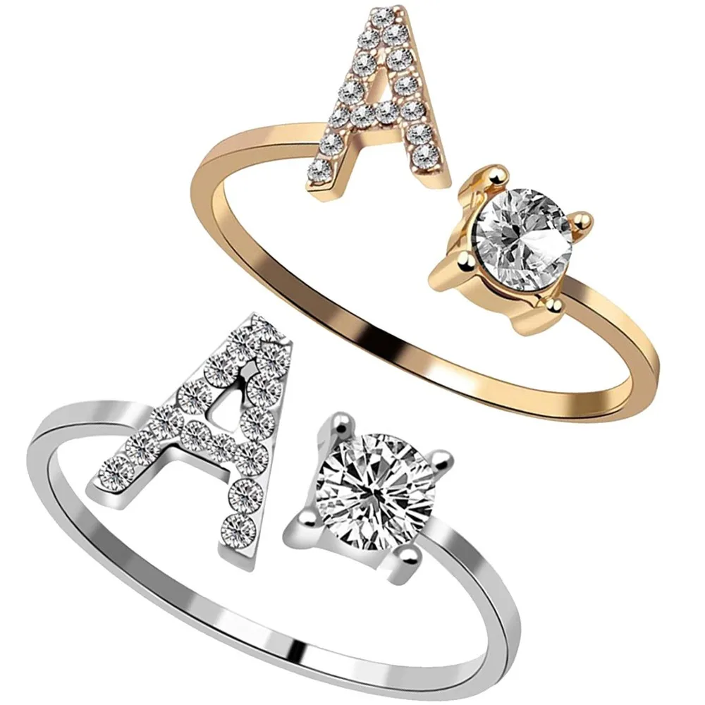 Women's Creative Letter Ring Niche High-end Imitation Diamond Ring 26 English Letters Open Adjustable Ring Fashion Jewelry Gift