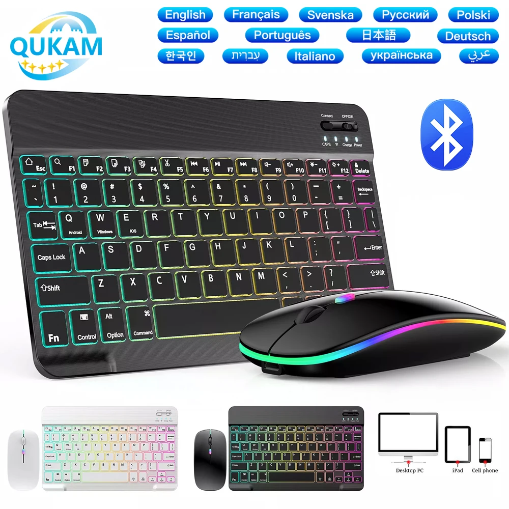 

QUKAM New Backlit Ultra-Thin Bluetooth Keyboard and Mouse For iPad Xiaomi Samsung Tablet Phone PC Multilingual Wireless Keyboard