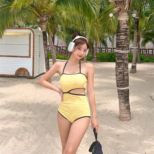 여성용 원피스 수영복, 다크 브라운 레이스업 백 비치 목욕 세트, 여성용 바디수트 모노키니 패딩 수영복, 한국 스타일, 2024