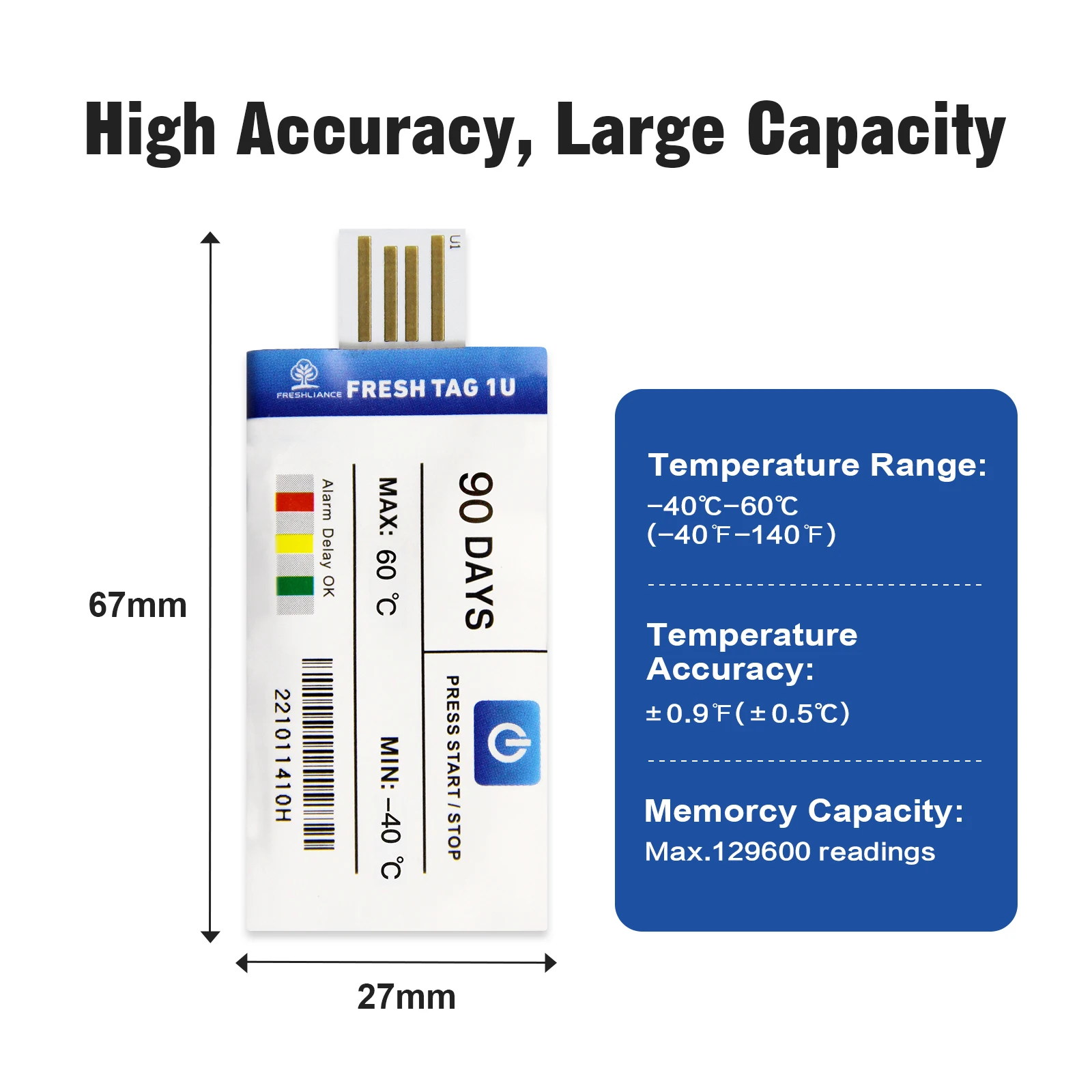 3PCS Fresh Tag 1U -40C LED Alarm Single Use Cold Chain Temperature Data Logger
