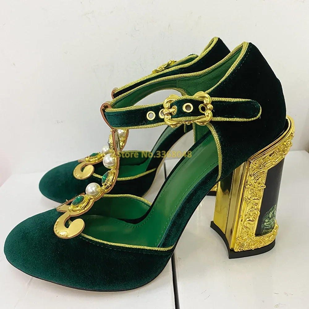 Velvet Pearls T Strap Pumps Round Toe Block Chunky Heel Black Green Burgundy Ankle Buckle Strap Pumps High Heel Shoes