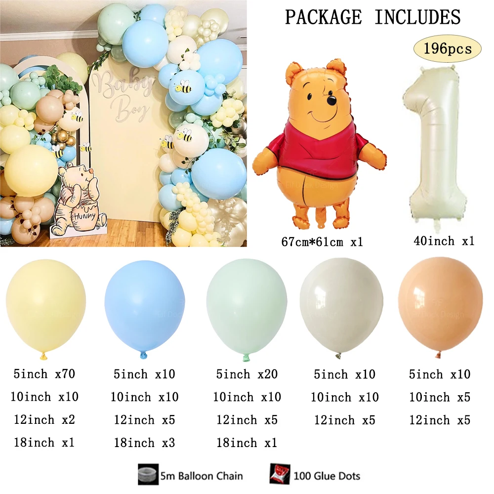196pcs Winnie Bear Bee Themed party Balloon Arch Kit 40Inch Cream 1-9 Foil Number Balloon for kids Birthday Baby Shower Gifts
