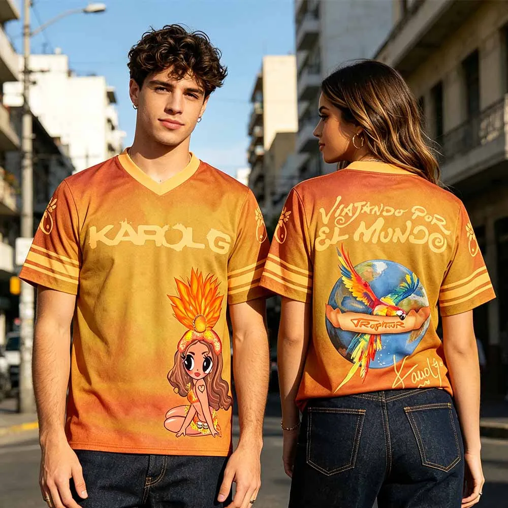 Karol G Viajando Por El Mundo World Tour 2026 Jersey Football Tee Unisex Streetwear V-neck Loose Short Sleeve T-shirt Men Shirts