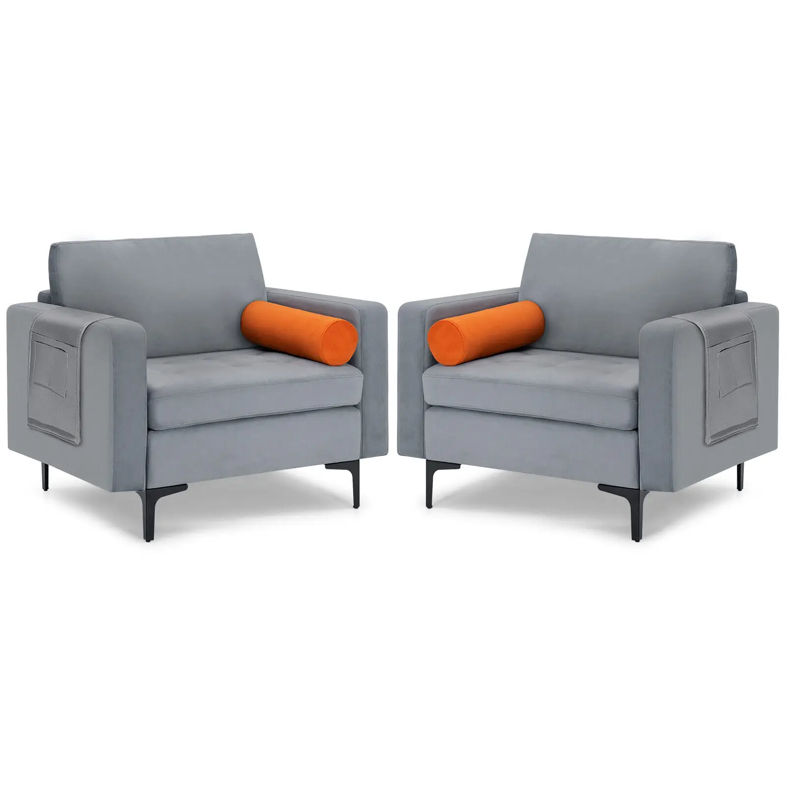 Costway Set of 2 Accent Armchair Single Sofa w/ Bolster & Side Storage Pocket Ash Grey