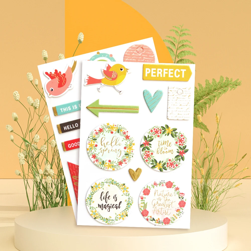 Creatieve Path Goudfolie Ronde Krans Scrapbooking Deco Stickers Natuurlijk Gevoel Lente Vogels Chipboard Papier Sticker Voor Journaling