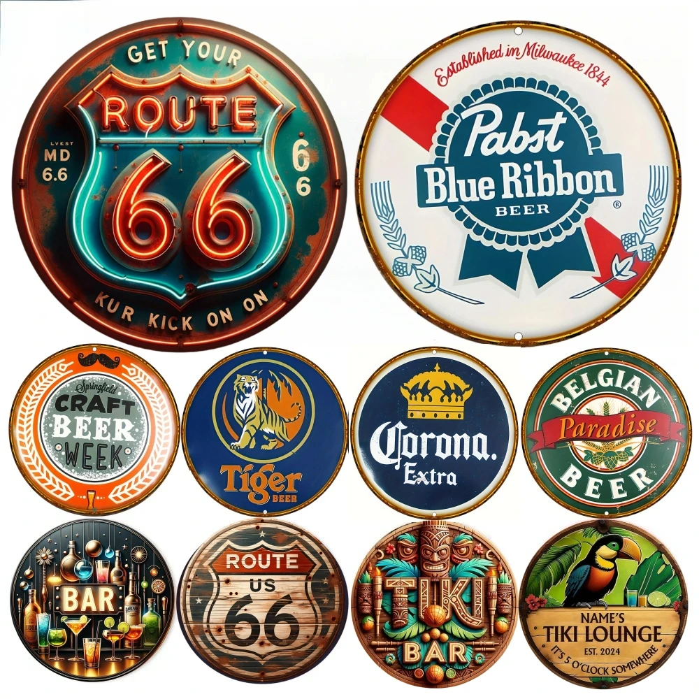 Tiki Bar Route 66 3D Round Metal Aluminum Sign Art Decorative Plates Entrance Gift Mask Theme For Bar Club Home Room Wall Decor