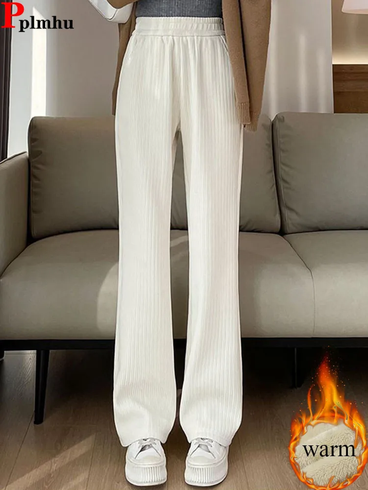 Winter Warme Dünne Flare Hosen Frauen Casual Elastische Hohe Taille Jogginghose Koreanische Mode Schnee Tragen Verdicken Samt Gefüttert Pantalones