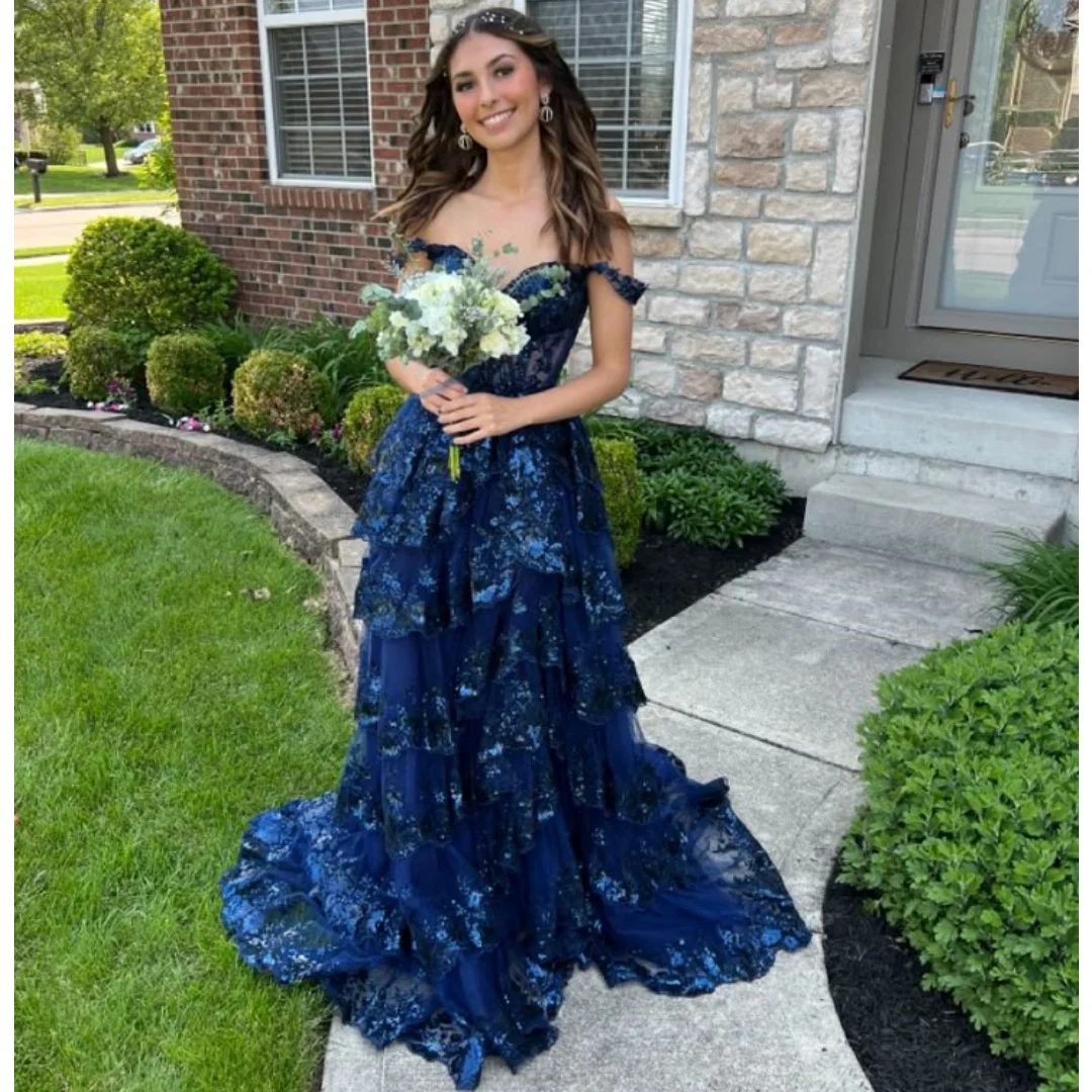 

Off Shoulder Blue Sequined Evening Dresses Lace Bodice vestidos de noche Tiered Prom Dress Wedding Party Gowns Customized