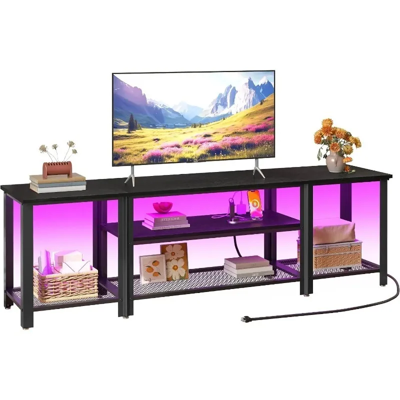 ^Industrial Metal TV Stands with RGB LED Lights & Built-in Power Outlets - Modern TV Entertainment Center for Living Room, Open