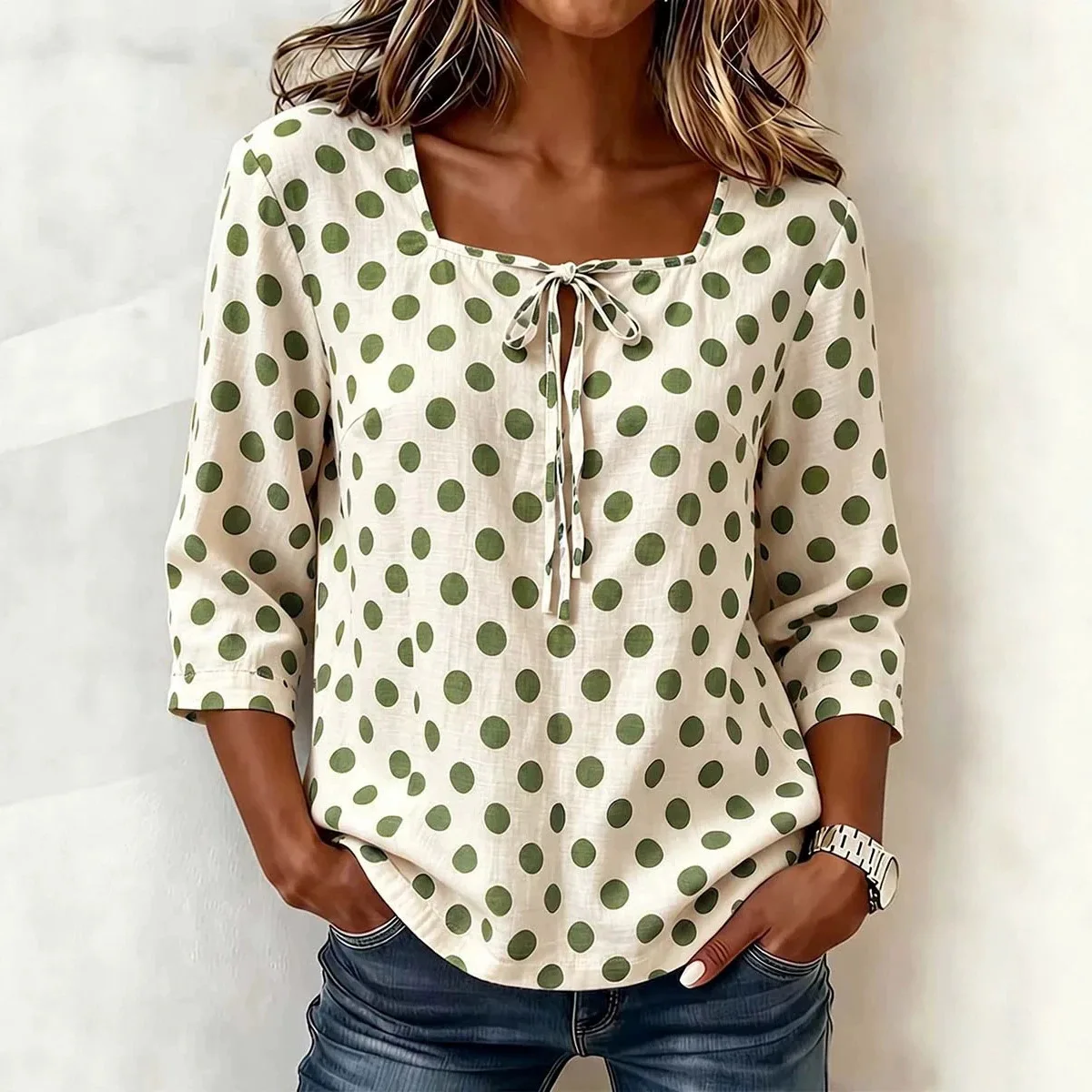 Women's Fashion Square Neck Tie Polka Dot Loose Mid-Sleeve Blouse