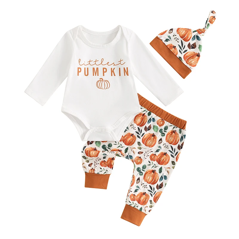 

My First Halloween Baby Boy Girl Outfit Newborn Infant Pumpkin Romper Top Pants Hat 3pcs Fall Winter Clothes Set