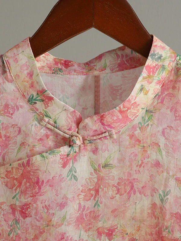 Loose Fit Printed Shirt Chinese Ethnic Style Slanting Button-down Collar Traditional Tea Costume Top Women's Fashion Polyeste...