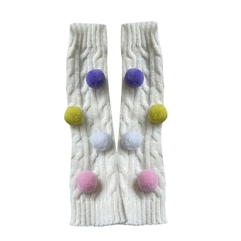 Solid Color Knitted Leg Warmers with Pom Pom Decoration, Girls Warm Socks Stacked Leggings Calf Length Pile Up Socks