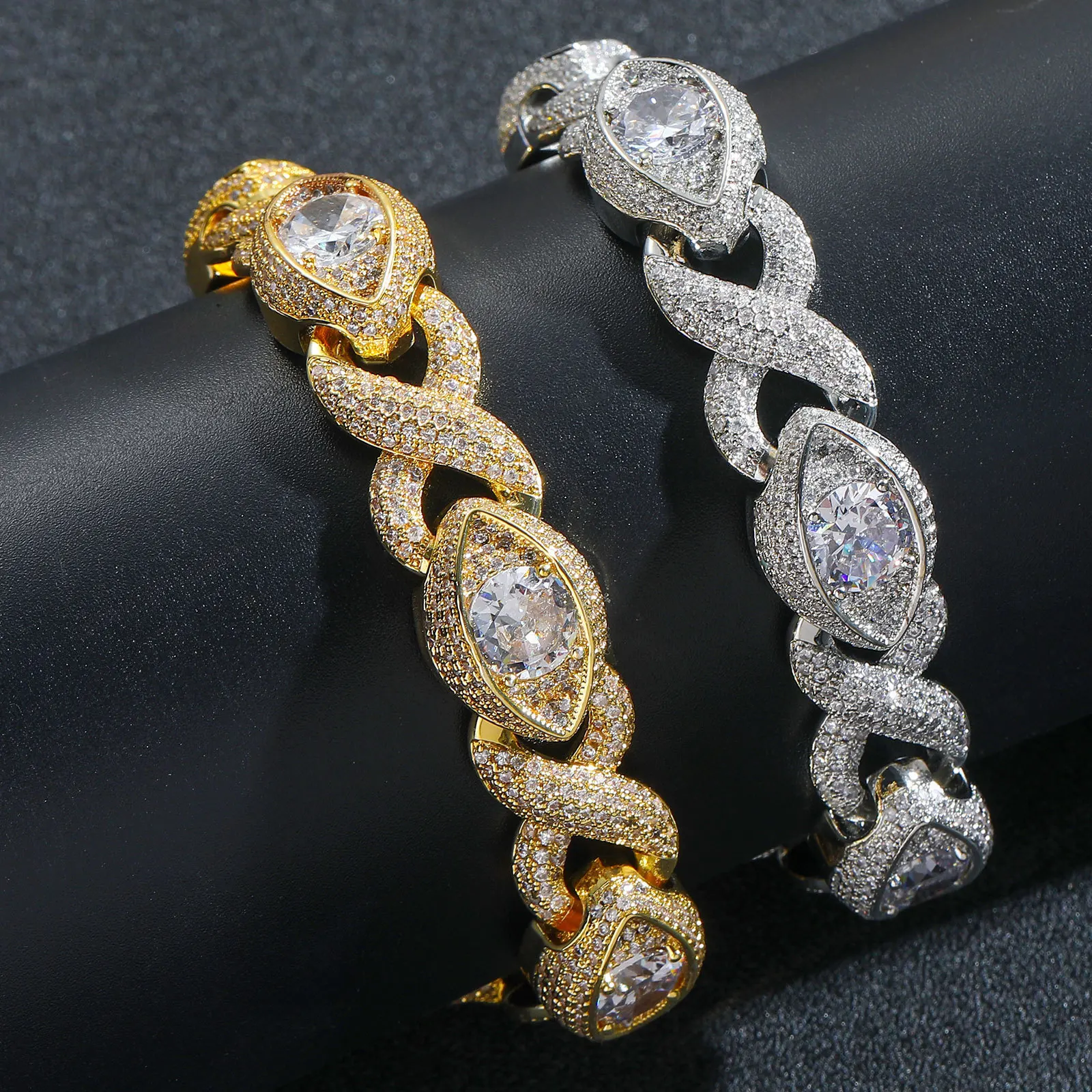 15MM Infinity Eye Cuban Link Bracelet Full Micro Pave Zircon Gold Silver Plated 8 Shape Hip Hop Men Street Jewelry