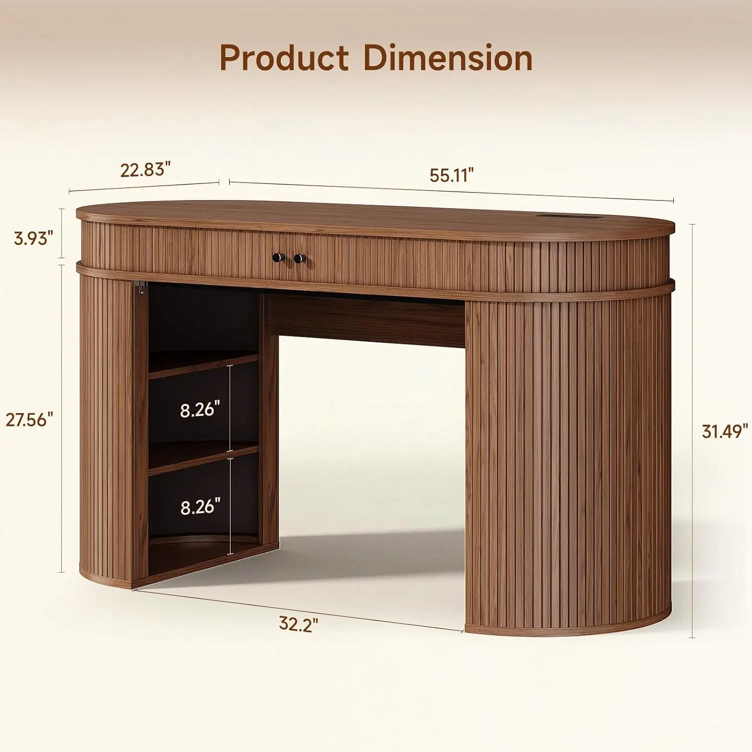 55 Inch Fluted Home Office Desk with Open & Hidden Storage, Walnut, Customized