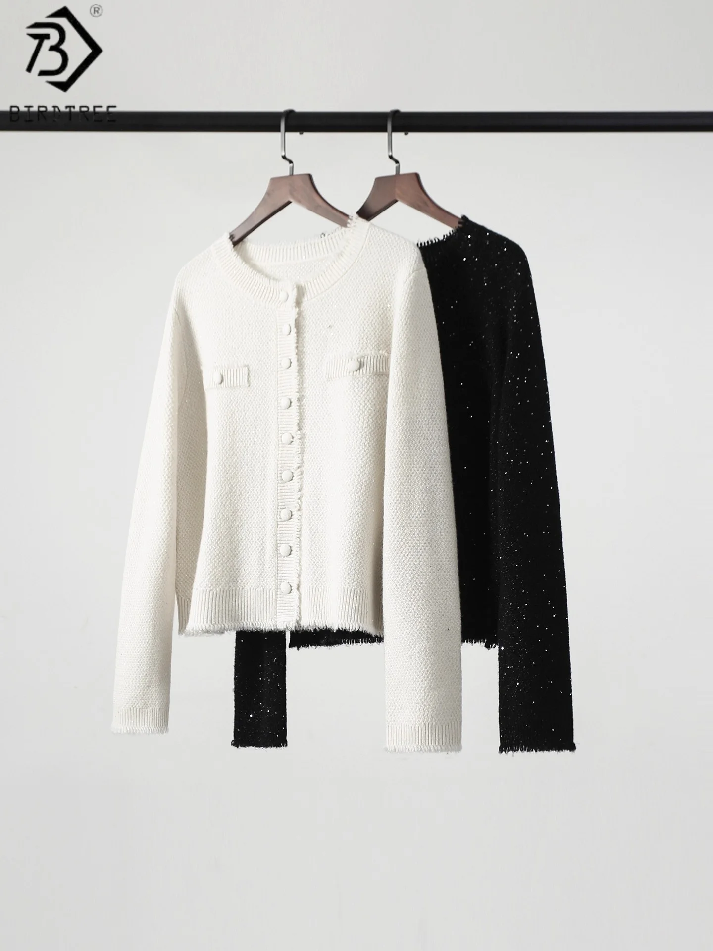 

BirdTree 83.4% Sheep Wool Knit Coat for Women,Wool Blend Tassel Woolen,Single Breasted French-style Jacket,2025 Autumn T58825JF