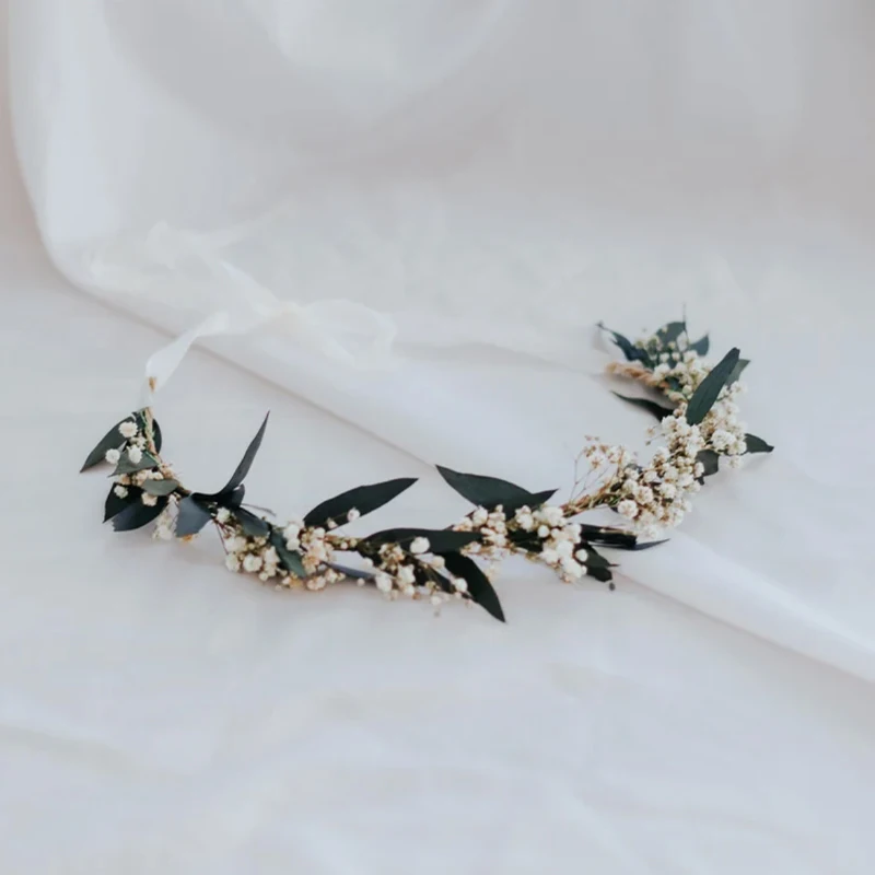 

Handmade Real Dried Eucalyptus Baby's BreathBride Crown Gypsophila Wedding Dried Flower Crown, Bridesmaid Flower Girl Decoration