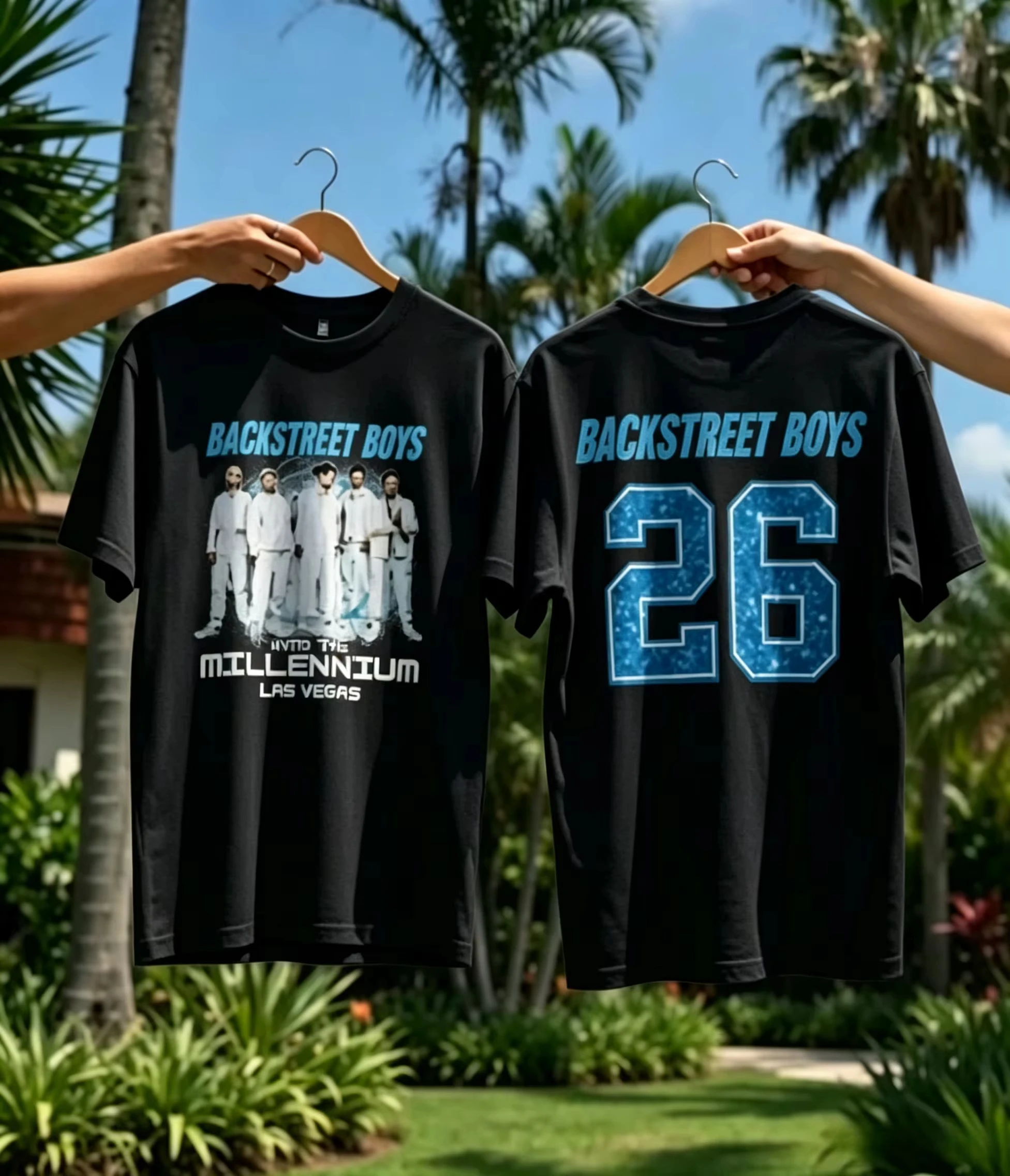 2026 Summer Camiseta Backstreet Boys Into The Millennium Las Vegas com Estampa Dupla Face, Camiseta Gráfica com Glitter 26,