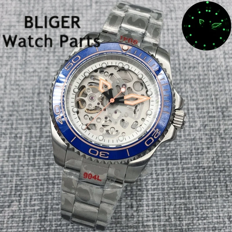 BLIGER 40 مللي متر هيكل عظمي مجوف فاخر NH70 ساعة يد ميكانيكية للرجال زجاج الياقوت الأخضر مضيئة الهاتفي 10Bar مقاوم للماء