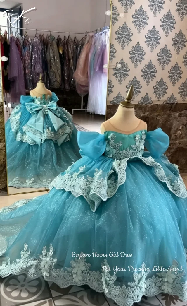 Glitter Tulle Flower Girl Dress Off Shoulder Puff Sleeves Lace Floral Applique Wedding Pageant Formal Gowns Customized