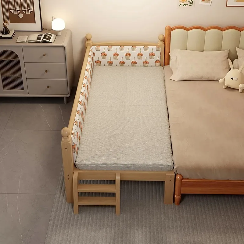 Guardrail children's bed unpainted all solid wood splicing  baby baby cot seamless flat bed widened edge bed