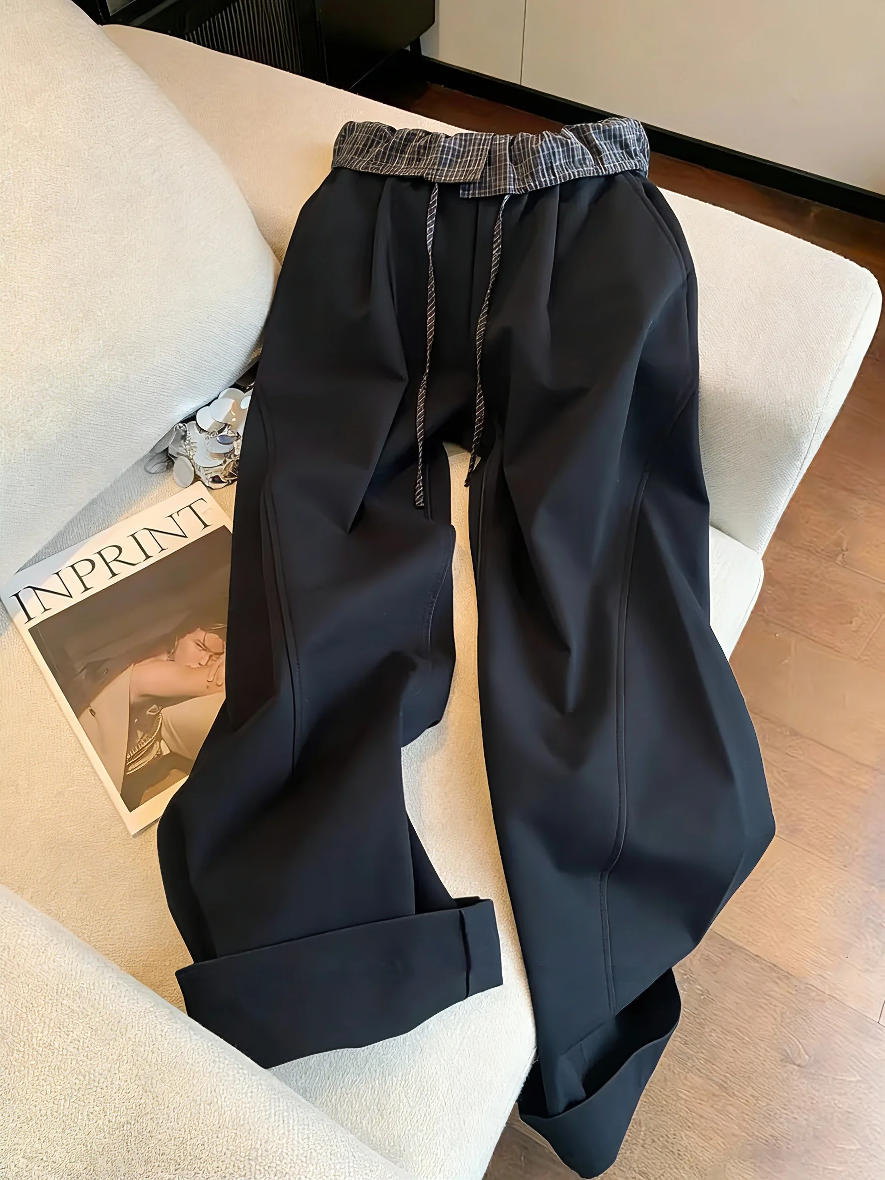 

Retro Commuter Loose Casual Pants Women's Spring Autumn Design Ele Plaid Splicing Dstring Wide Leg Pants