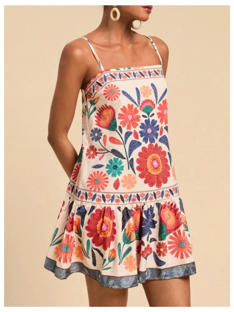 

Fashion Print Loose Short Dresses Women Backless Sleeveless Floral Dress Summer 2025 Casual Vacation Beach Dress Ladies New Robe