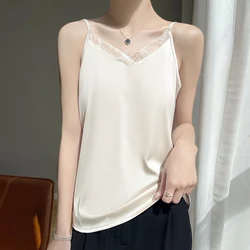 Summer new outerwear vest, women's silk smooth satin suspender, lace temperament, western-style sleeveless bottom top