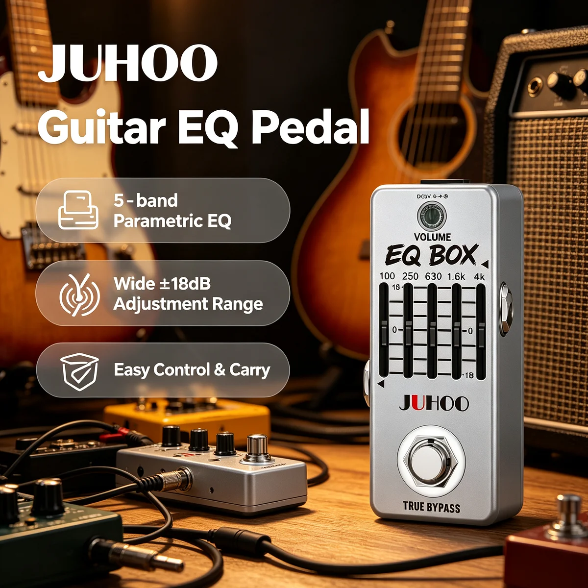 JUHOO EQ BOX Mini Guitar EQ Pedal 5‑Band Graphic Equalizer Stompbox ±18dB Per‑Band Gain True Bypass Metal Shell Effect Pedal