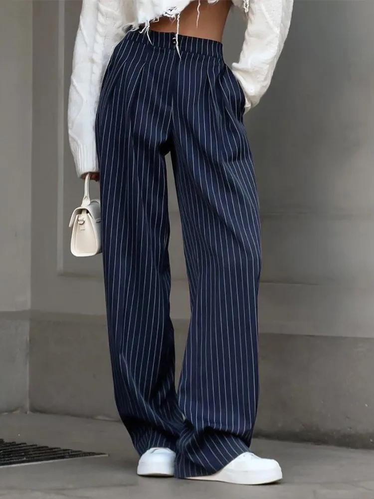 

Women's Clothing Straight Striped Trousers Wide Leg Long Pants Loose Fashion Contrast Simple Style All-match Temperament Trendy