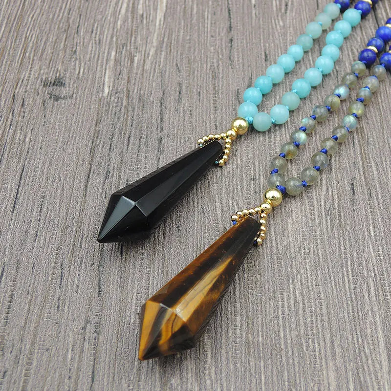 

Mixed Stones Dodecagon Pillar Point Pendant Necklace 6mm Amazonite Labradorite Round Beads Knot Handmade 30Inches 40Inches