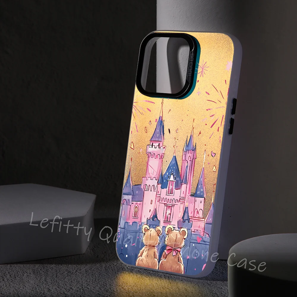 

Couple Pink Glitter Castle Phone Case Laser Metallic For IPhone 16 15 14 13 12 11 Pro Max Matte Aurora Multicolor Gradient Cover